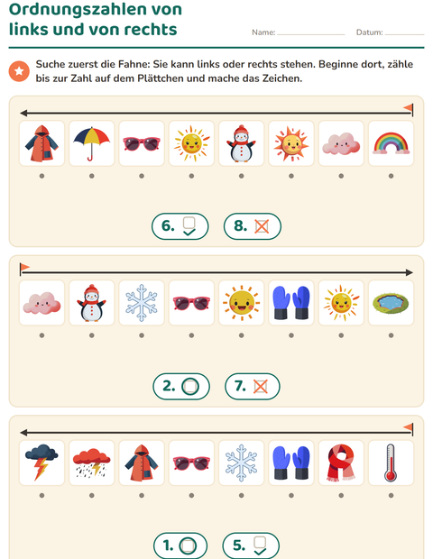 Vorschau: Ordnungszahlen-Arbeitsblatt mit Wetter für Kindergarten