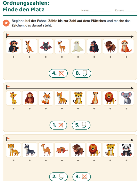 Vorschau: Ordnungszahlen-Arbeitsblatt mit Zootiere für Kindergarten