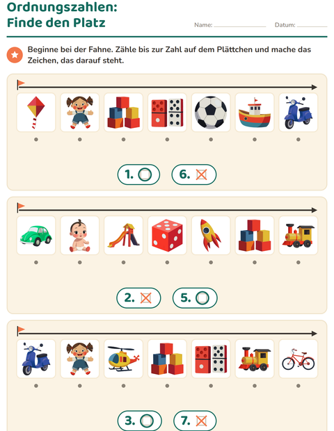 Vorschau: Ordnungszahlen-Arbeitsblatt mit Spielzeug für Kindergarten