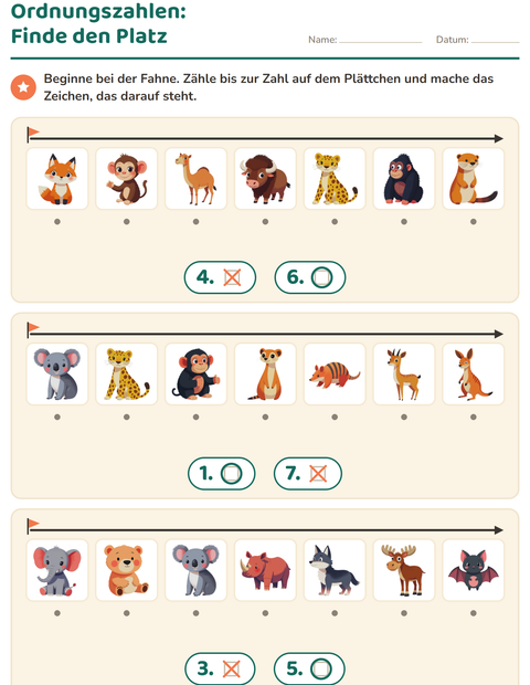 Vorschau: Ordnungszahlen-Arbeitsblatt mit Zootiere für Kindergarten