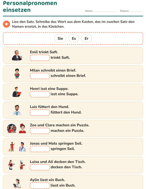 Vorschau: Personalpronomen-Arbeitsblatt für 1. Klasse