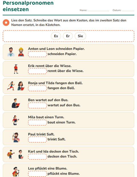 Vorschau: Personalpronomen-Arbeitsblatt für 1. Klasse
