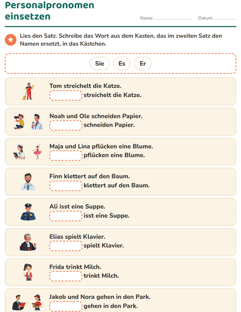 Vorschau: Personalpronomen-Arbeitsblatt für 1. Klasse
