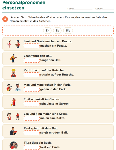 Vorschau: Personalpronomen-Arbeitsblatt für 1. Klasse