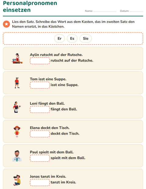 Vorschau: Personalpronomen-Arbeitsblatt für 1. Klasse