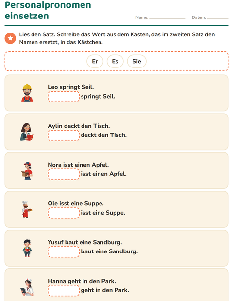 Vorschau: Personalpronomen-Arbeitsblatt für 1. Klasse