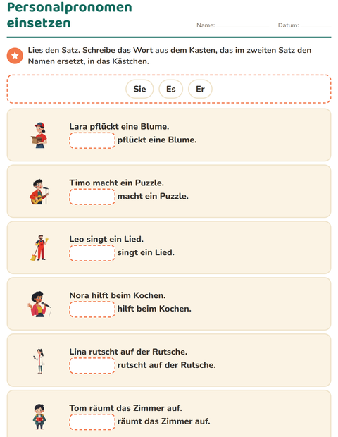 Vorschau: Personalpronomen-Arbeitsblatt für 1. Klasse
