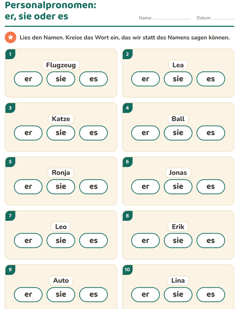 Vorschau: Personalpronomen-Arbeitsblatt für 1. Klasse