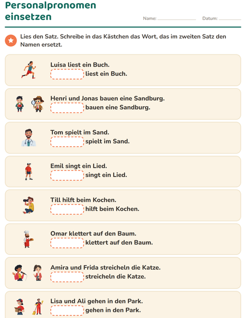 Vorschau: Personalpronomen-Arbeitsblatt für 1. Klasse