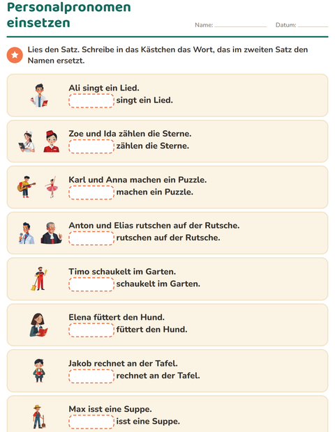 Vorschau: Personalpronomen-Arbeitsblatt für 1. Klasse