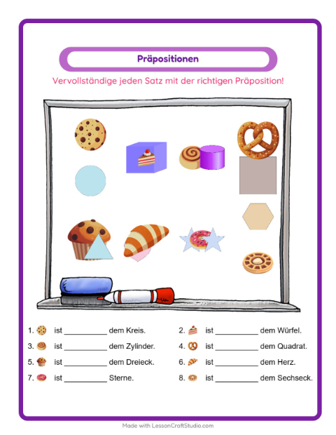 Vorschau: Präpositionen-Arbeitsblatt mit Bäckerei für Kindergarten