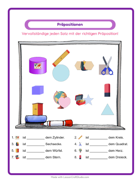 Vorschau: Präpositionen-Arbeitsblatt mit Klassenzimmer für Kindergarten