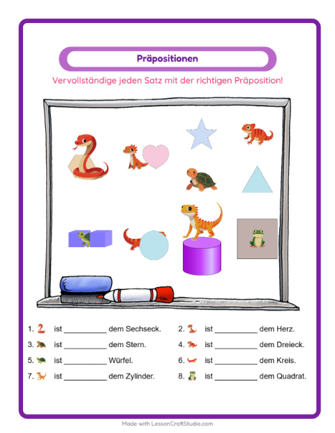 Vorschau: Präpositionen-Arbeitsblatt mit Reptilien und Amphibien für Kindergarten