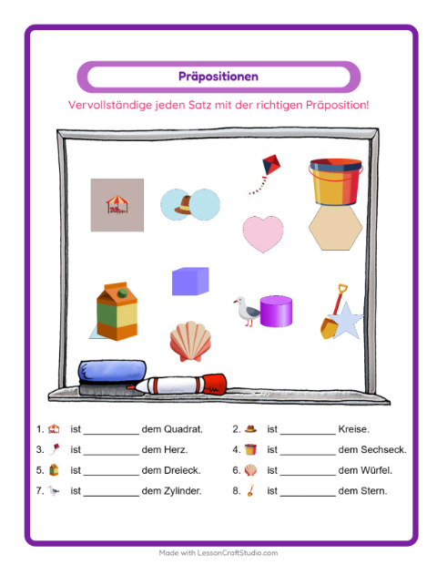Vorschau: Präpositionen-Arbeitsblatt mit Strand für Kindergarten