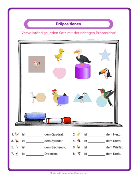 Vorschau: Präpositionen-Arbeitsblatt mit Vögel 2 für Kindergarten