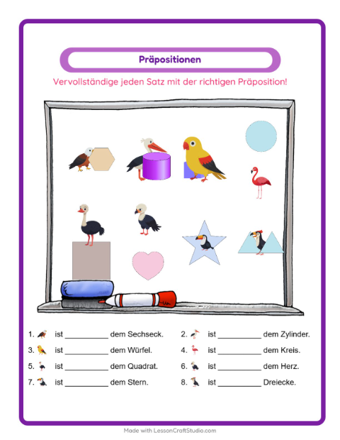Vorschau: Präpositionen-Arbeitsblatt mit Vögel für Kindergarten