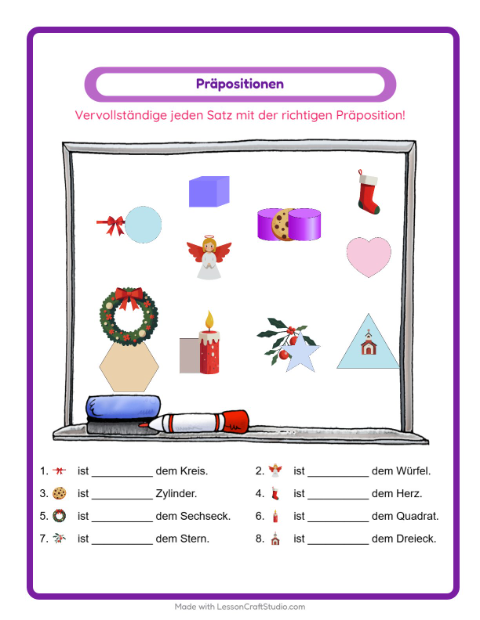 Vorschau: Präpositionen-Arbeitsblatt mit Weihnachten für Kindergarten