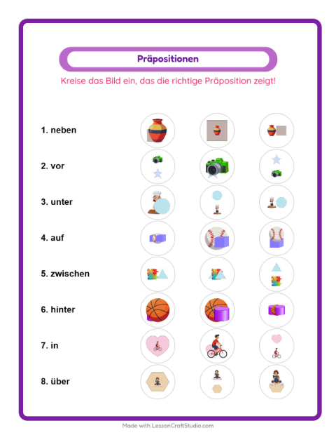 Vorschau: Präpositionen-Arbeitsblatt mit Aktivitäten für Kindergarten