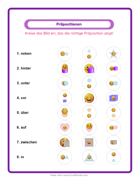 Vorschau: Präpositionen-Arbeitsblatt mit Emotionen für Kindergarten
