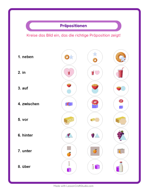 Vorschau: Präpositionen-Arbeitsblatt mit Frühstück für Kindergarten