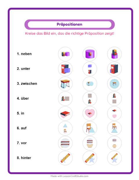 Vorschau: Präpositionen-Arbeitsblatt mit Klassenzimmer für Kindergarten