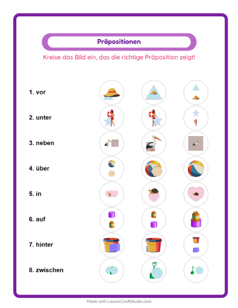 Vorschau: Präpositionen-Arbeitsblatt mit Strand für Kindergarten