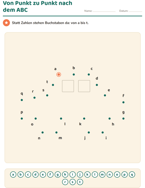 ABC von Punkt zu Punkt – die Buchstaben a bis t verbinden