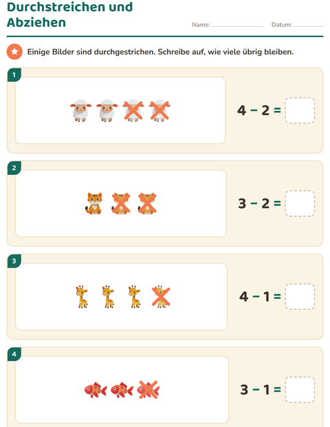 Vorschau: Rechnen mit Bildern-Arbeitsblatt mit Tiere für 1. Klasse
