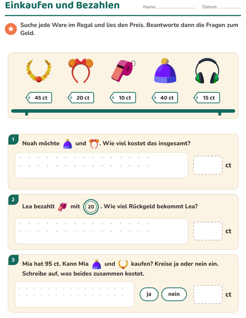 Vorschau: Rechnen mit Geld-Arbeitsblatt mit Accessoires für 2. Klasse
