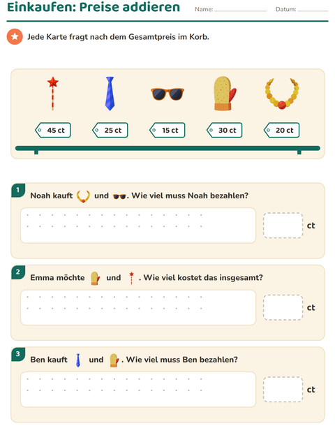 Vorschau: Rechnen mit Geld-Arbeitsblatt mit Accessoires für 2. Klasse