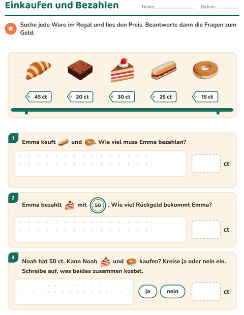 Vorschau: Rechnen mit Geld-Arbeitsblatt mit Bäckerei für 2. Klasse