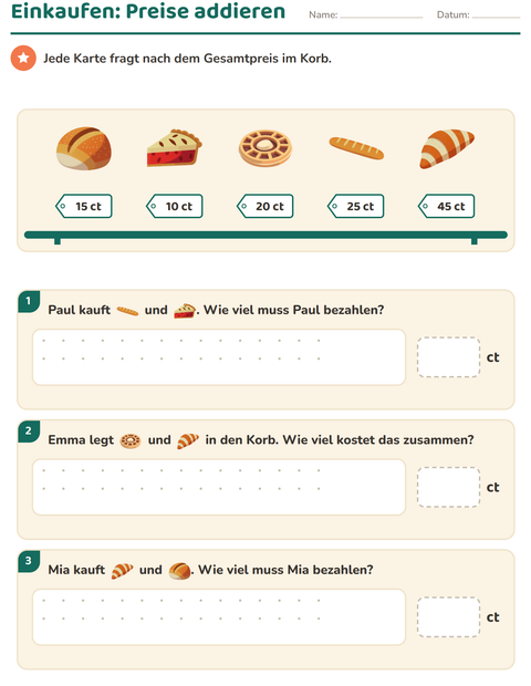 Vorschau: Rechnen mit Geld-Arbeitsblatt mit Bäckerei für 2. Klasse
