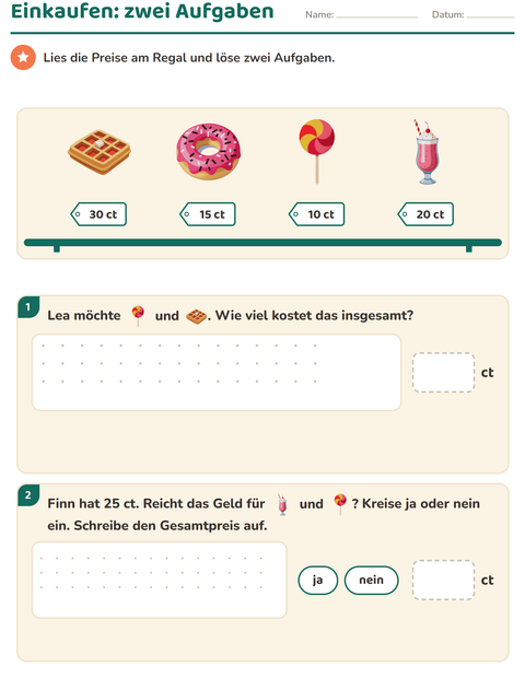 Vorschau: Rechnen mit Geld-Arbeitsblatt mit Desserts und Süßigkeiten für 2. Klasse
