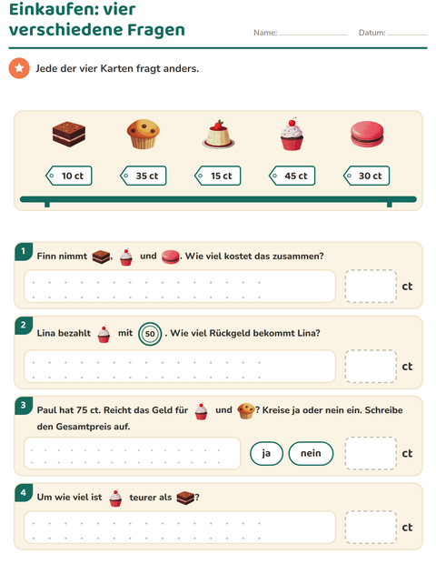 Vorschau: Rechnen mit Geld-Arbeitsblatt mit Desserts und Süßigkeiten für 2. Klasse