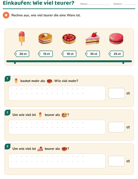 Vorschau: Rechnen mit Geld-Arbeitsblatt mit Desserts und Süßigkeiten für 2. Klasse