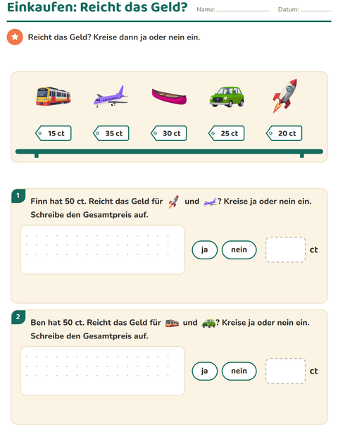 Vorschau: Reicht das Geld? – vergleichen, einkreisen und die Summe schreiben