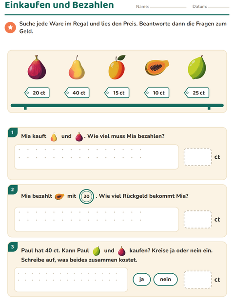 Einkaufen und Bezahlen – Preise ablesen, Gesamtpreis und Rückgeld rechnen