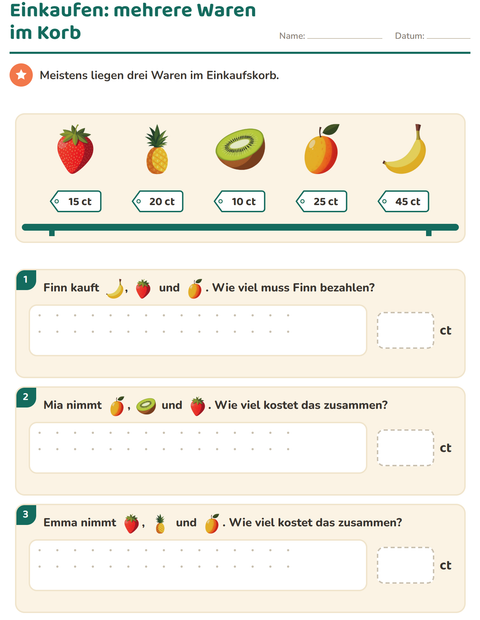 Drei Waren im Korb – den Gesamtpreis aus drei Preisen bilden