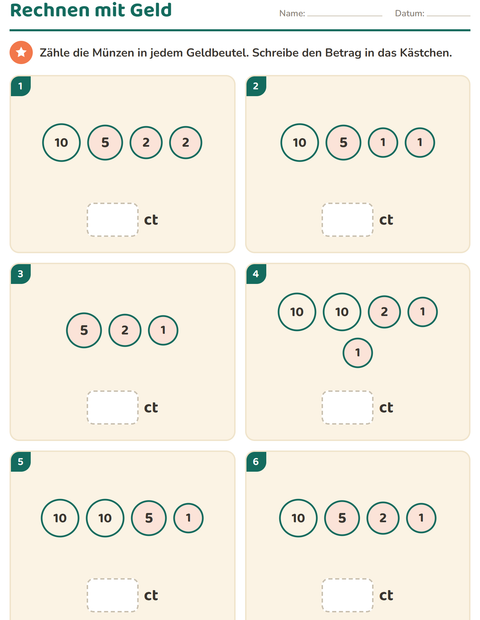 Vorschau: Rechnen mit Geld-Arbeitsblatt für 1. Klasse