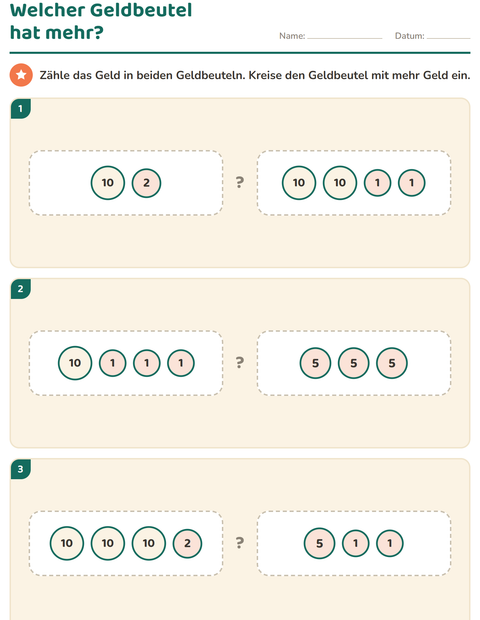 Vorschau: Rechnen mit Geld-Arbeitsblatt für 1. Klasse