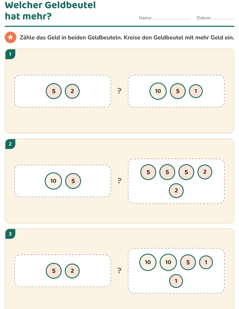 Vorschau: Rechnen mit Geld-Arbeitsblatt für 1. Klasse