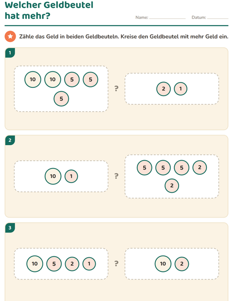 Vorschau: Rechnen mit Geld-Arbeitsblatt für 1. Klasse