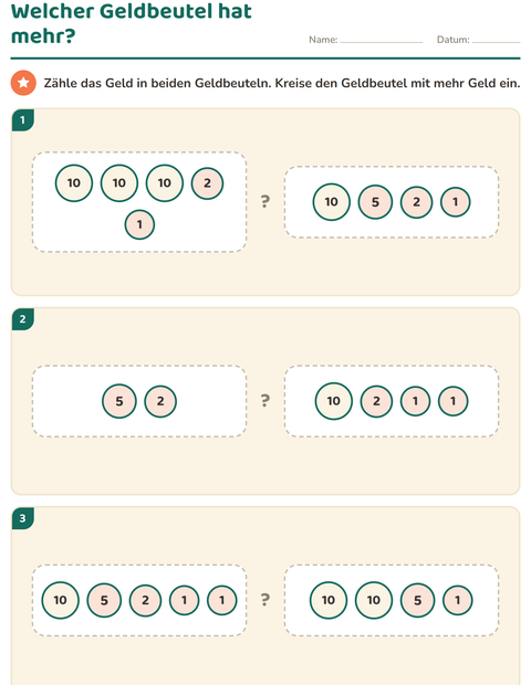 Vorschau: Geldbeträge vergleichen – welcher Geldbeutel hat mehr?