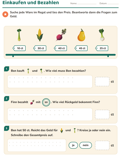 Vorschau: Rechnen mit Geld-Arbeitsblatt mit Gemüse für 2. Klasse