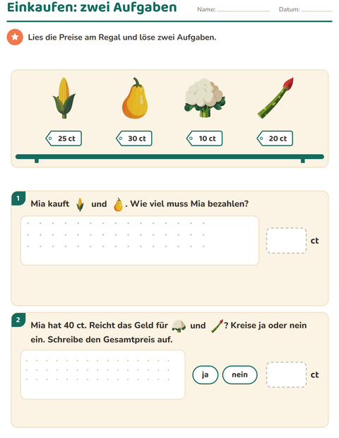Vorschau: Rechnen mit Geld-Arbeitsblatt mit Gemüse für 2. Klasse