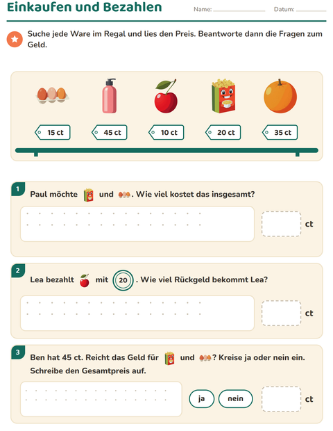 Vorschau: Rechnen mit Geld-Arbeitsblatt mit Im Supermarkt für 2. Klasse