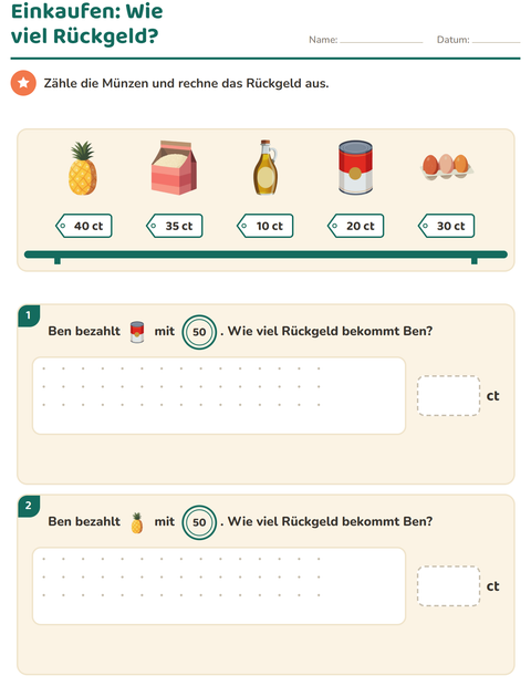 Vorschau: Rechnen mit Geld-Arbeitsblatt mit Im Supermarkt für 2. Klasse