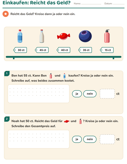 Vorschau: Rechnen mit Geld-Arbeitsblatt mit Im Supermarkt für 2. Klasse