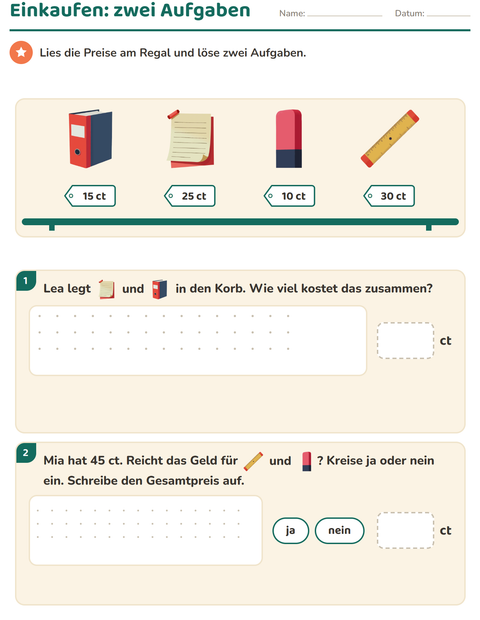 Vorschau: Rechnen mit Geld-Arbeitsblatt mit Klassenzimmer für 2. Klasse