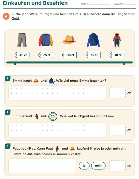 Vorschau: Rechnen mit Geld-Arbeitsblatt mit Kleidung für 2. Klasse